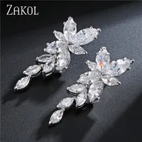 Marquise Cut Cluster Flower Earring Zirconia Crystal Long Dangle Drop Earrings Shiny Leaf Bridal Wedding Jewelry for Women