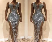 Sexy Silver Sequins Mermaid Mermaid Formal Prom Dresses 2019 Custome Sheer Neck Side Side Fiest Gowns 9323981
