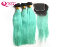 1B Light Green Straight Ombre Brazilian Virgin Human Hair Bundles 3 Pcs With 4x4 Lace Closure With Baby Hair Hair