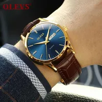 Mens assiste a marca Top Brand Luxury Olevs Fashion Watch Men Leather Quartz Watch for Male Auto Date Rose Gold Shell Relogio Masculino Y190514261D
