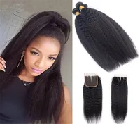 Peruvian Unprocessed Human Hair Extensions With 4X4 Lace Closure MiddleThree Part Kinky Straight Natural Color Bundles With C