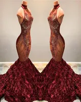 2019 Burgundy Lace Mermaid Long Prom Dresses Illusion Applique Beaded 3D Flowers Halter Sweep Train Evening Gowns vestidos de fest2097357
