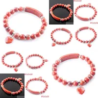 Beaded Natural Stone Beads Red River Jasper Strand Bracelets Bangles Heart Shape Charm Fitting Women Jewelry Love Gifts K3321 Drop De Dhajd