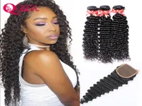 7A Malaysian Virgin Human Hair Extensions Deep Wave 3 Bundles With 4x4 Lace Closure Preplucked Hair Weave