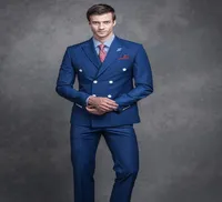 Mannen piekten revers bruidegom Tuxedos blauw twee witte knopen dubbele borsten terno masculino vestidos jacketpantsvest