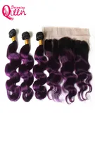 T1B Purple Color Body Wave Ombre Brazilian Virgin Human Hair Extensions 3 Bundles With 13x4 Ear to Ear Lace Frontal Closure With B
