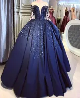 Navy Blue Satin Ball Quinceanera Prom Dress Sheer Long Sleeves Sparkly Sequins Puffly Plus Size Formal Evening Pageant Sweet 16 Pa5466438