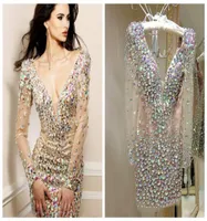 Bling Rhinestone Cocktail Dresses Party Gowns Sexy Deep V Neck Long Sleeve Short Prom Dress Special Occasion Dresses for Women Rea8408113