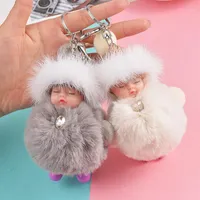 سلاسل المفاتيح Pompom Sleeping Baby Keychain لطيف Fluffy Plush Doll Women Girl Bag Keyrings Cars Key Ring Jewelry Gift Porte Clef1254f