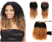 Dark Root Honey Blonde Ombre Human Hair 1B 27 Kinky Curly Hair Bundles Weaves With Lace Closure Middle Three Part 4Pcs Lot