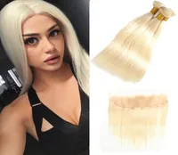 Peruvian 13X4 Lace Frontal With 3 Bundles 613 Blonde Straight Human Hair Extensions 4 Pieceslot Straight Ear To Ear Frontal With