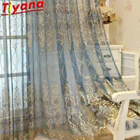 Blue Luxury Embroidery Tulle for Living Room Cheap Curtain Window Drapes for Bedroom Discount Yellow Thin Curtain Voile #40 LJ201224264F