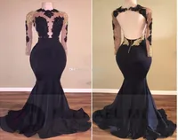 African Black and Gold Mermaid Prom Dresses Long Sleeves Open Back Appliques Beads Sweep Train See Through Burgundy Evening Party 6770411