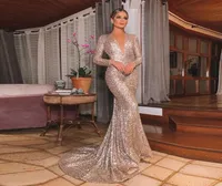 gold Sequins Reflective Mermaid Blue Prom Dresses Beads Sheer Neck Long Sleeves Evening Gowns With Tassels Sweep Train Formal Part1801367