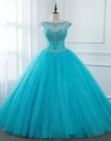 Turquoise Bling Tulle Sweet 16 Dresses Applique Crystal Beaded Sequins Quinceanera Dress Ball Gown Prom Dress Laceup Cocktail Par9975099