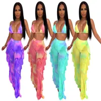 Femmes Tie Dye Swimwear Two Piece Options Pink Galaxy Print Mesh Bikini Set Wish Halter Bra Top Ruffles Splicing Pantal