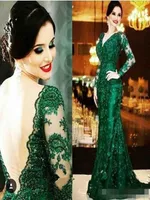 2019 Emerald Green Lace Mermaid Vestidos de noite vintage v pescoço com miçangas de renda cheia vestidos de baile de renda completa vestido de mamãe de tamanho Mother3490769