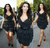 Kim Kardashian Black Ostrich 깃털 칵테일 드레스 짧은 섹시한 드레스 파티 파티 저녁 아이 깊은 V 넥 유명인 가운 2200168