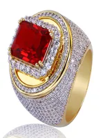 Men Gold Color Hip Hop Rings Micro Pave Big Red Stone All Iced Out Bling Rings For Macho Jewelry7293302