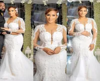 2022 Sexy arabe aso ebi luxueux robes de mariée sirène luxueuse appliques en dentelle perles perles à manches longues plus de taille plus taille 2823200