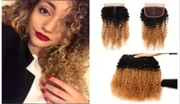 Honey Blonde Kinky Curly Hair Bundles Deals With Lace Closure 1b 27 Color Ombre Hair Weaves With 4x4 Part Lace Closure