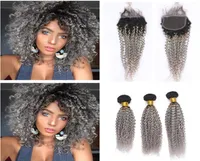 1B grå hårförlängningar med afro lockig stängning del ombre färg kinky lockigt hår 3bunds med spetsstängning med babyhår