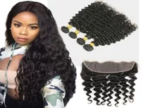 Peruvian Unprocessed Human Hair Deep Wave 3 Bundles With 13X4 Lace Frontals Ear To Ear Lace Frontal Hair Extensions 830inch