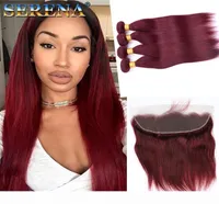 Selling Wine Red 99J Straight Hair Bundles With Lace Frontal Closure Brazilian Burgundy Virgin Human Hair Weaves With 13x4 Lac