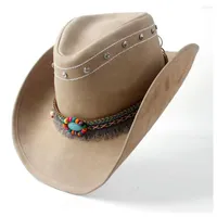 Berets 2022 Women's Leather Cowboy Hat Western Cowgirl Fedora Tassel Turquoise Bead Band