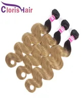 Colore Honey Blonde Human Hair Extensions Raw Virgin Indian Body Wave Bundles 3pcs pas cher 1b 27 Two Tone Blonde Wavy Ombre Weavre 3219810