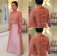 2021 Two Piece Mother Of The Bride Dresses With Jacket Lace Appliques Plus Size Half Sleeves Bow Floor Length Wedding Guest Evenin2798221