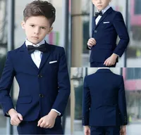 Handsome Navy Blue Boys Tuxedos Slim Fits Children Business Suit Kid Birthday Prom Party Sets JacketPantsBow Tie Handkerchief4225376