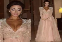 New Myriam Fares Formal Evening Dresses Long Sleeves Deep V Neck Crystal Blush Pink Arabic Red Carpet Prom Party Pageant Gowns Ves6141647