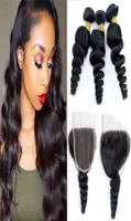 Brazilian Human Hair Weaves with 4x4 Lace Closure Cheap Unprocessed Loose Wave Virgin Human Hair Weft 3 Bundles With Top Lace Clos