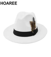 Hoaree White Wool Vintage Trilby Felt Fedora Hat with Feather Women Men Church Hats Wide Brim Male Female Autumn Jazz Caps Q08057495947