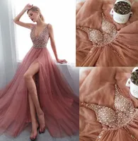Sparkly Dusty Rose Champagne Deep V neck Evening Prom Dress Crystal Beaded Side Split High Beaded Sequin Party Formal Gowns Pagean8731594