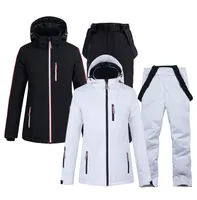 Beyaz ve Siyah Kadınlar Kar Takım Seti Snowboard Giyim Kış Dış Mekan Giyim Su Geçirmez Kostüm Kayak Ceketleri Strap Pant Girl03