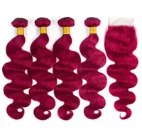Bourgondische Maleisische lichaamsgolf haarbundels met kanten sluiting gekleurd 99 Braziliaanse Peruaanse Maleisische Haarhaarverlenging Groothandel