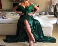 فساتين المملكة العربية السعودية Abito Cerimonia Donna Sera 2019 Deep V Neck Off Levels Green Satin Long Evening Dresses with Spelf6240975