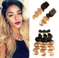 Brazilian Virgin Body Wave Hair Weave With Closure Ombre Human Hair Bundles With Closure Colored Two Tone 1B27 Blonde Human Hair