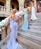 2019 New Mermaid Long Bridesmaid Dresses Sexy Sexy Backless Spaghetti Straps with Big Bow Sash Prom Wedding Guest Dronses Evening Vrons1935907