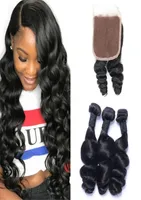 Brazilian Loose Wave Wefts 3 Bundles with Closures 4x4 Lace Virgin Human Hair Natural Color 1026 inch