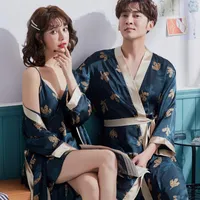 Ropa de dormir para hombres Luxury estampado de lujo seda kimono tobe el spa ducha vacaciones manga larga ba￱era de ba￱o sat￩n camis￳n verano