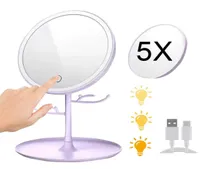 Lichter Make -up Mirror LED LEGLICHT Smart 5x Vergrößerung tragbarer Tisch Runde Eitelkeitsspiegel mit Stand Cosmetics Rangement Tools