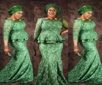 Plus Size Green Lace Prom Dresses South African Beading Sheer Neck Long Sleeves Evening Gowns Aso Ebi Saudi Arabia Formal Party Dr6366120