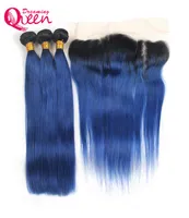 1B Ocean Blue Straight Ombre Brazilian Virgin Human Hair Weaves 3 Bundles With 13x4 Ear to Ear Lace Frontal Closure With Baby Hair