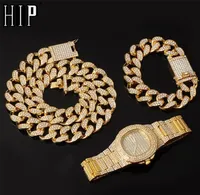 Hip Hop 20MM 3pcs Set Miami Cuban Chain Necklace Bracelet Watch Iced Out Paved Rhinestones CZ Rapper Necklaces For Men Jewelry 2017162088