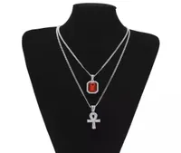 Egyptische Ankh Key of Life Bling Rhinestone Cross Pendant met rode Ruby Pendant Necklace Set Men Woman Fashion Hip Hop Jewelry Part7084140