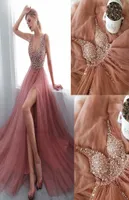 Sparkly Dusty Rose Champagne Deep V neck Evening Prom Dress Crystal Beaded Side Split High Beaded Sequin Party Formal Gowns Pagean9538395