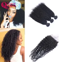 Mogolian Kinky Curly 100 Virgin Human Hair Extensions 3 Bundles With 4x4 Lace Closure Double Weft Hair Weaves